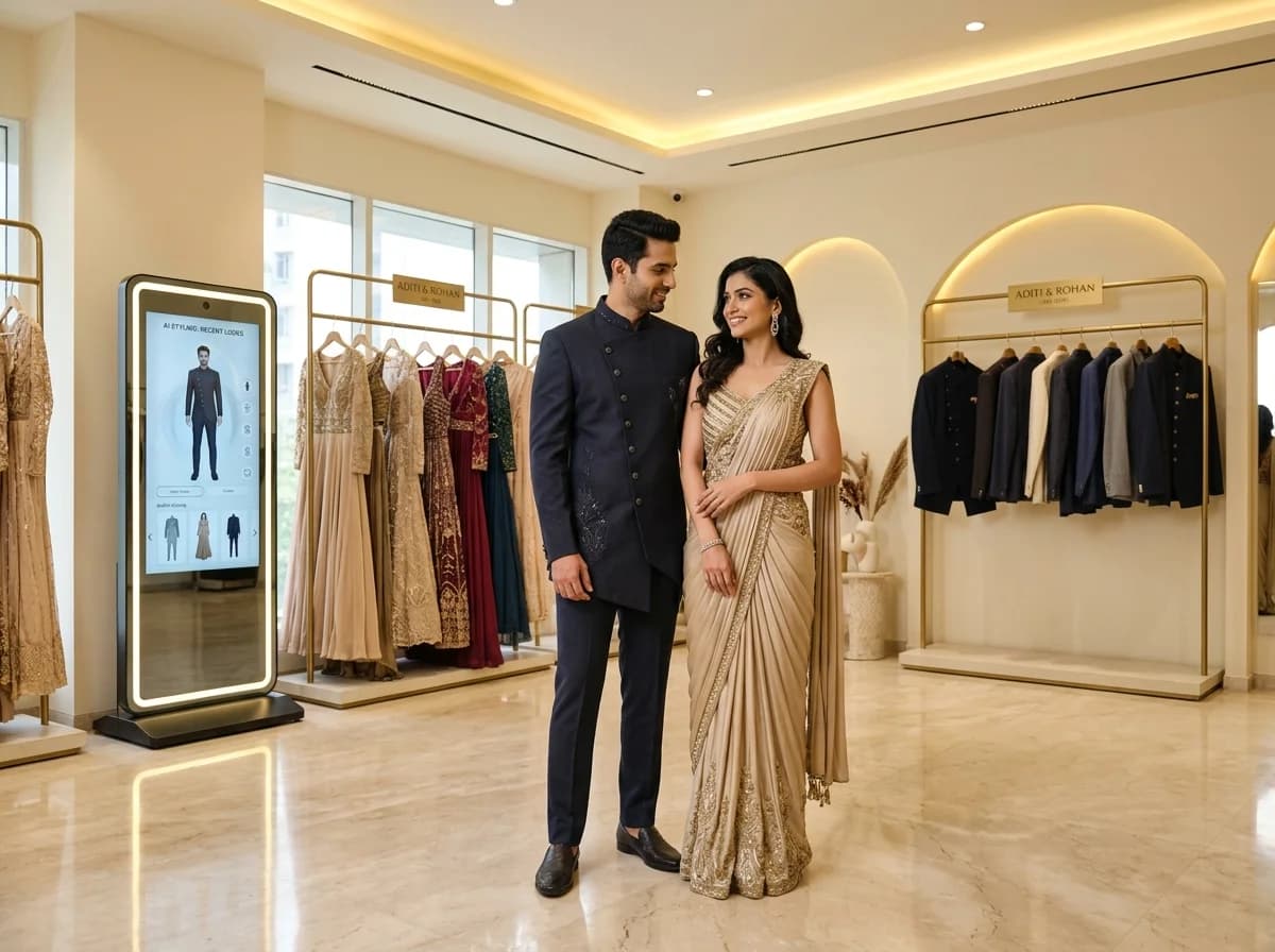 Contemporary fashion showroom featuring men's and women's collections with a smart mirror kiosk