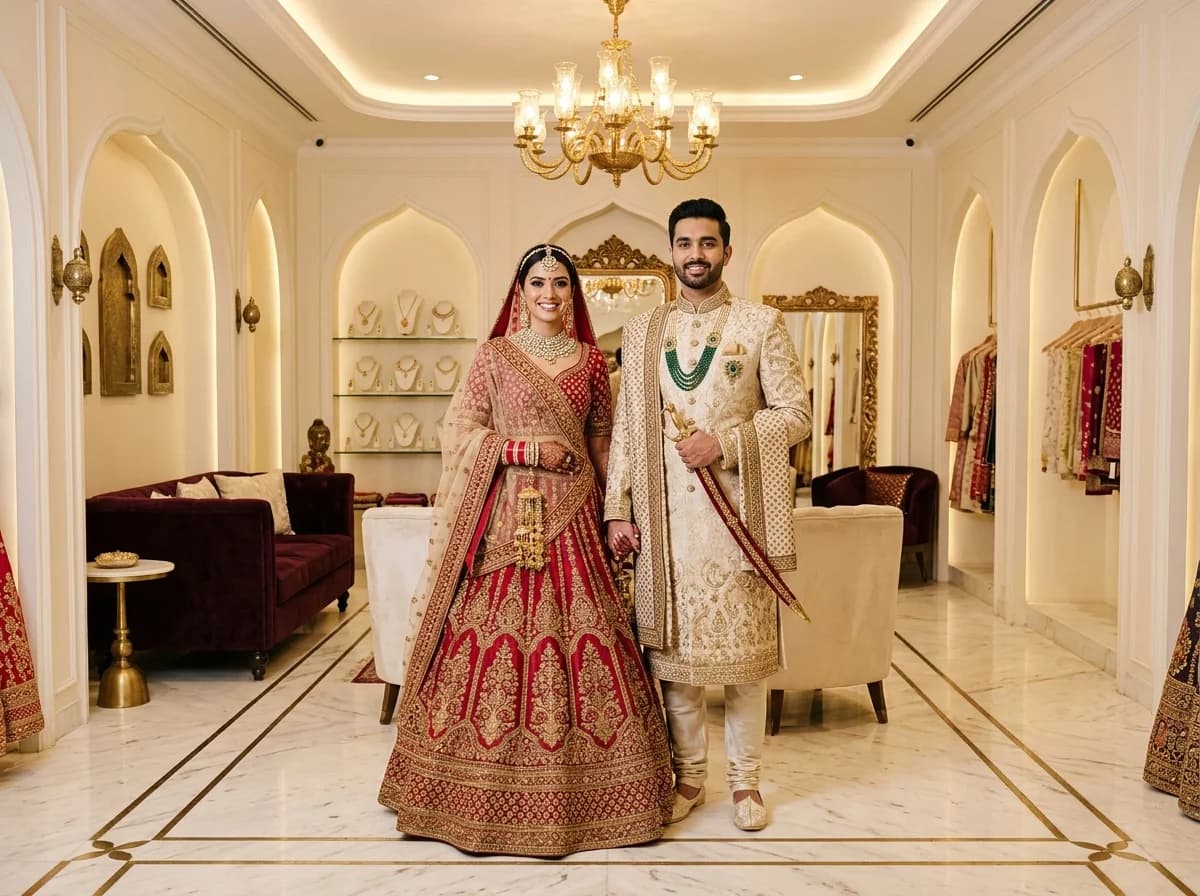 Bridal lehengas and royal groom sherwanis in a luxury wedding couture lounge