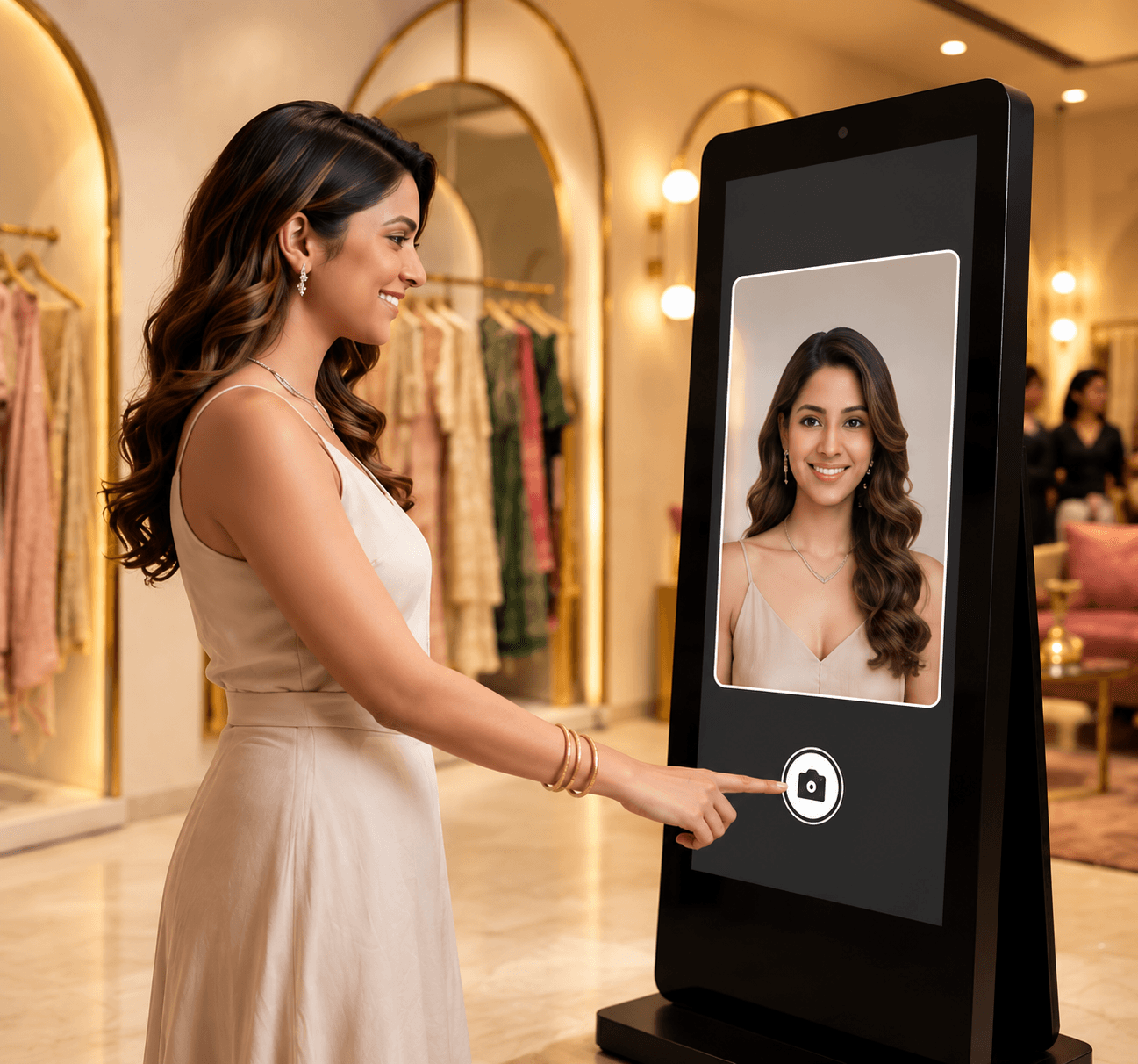 Customer capturing full-length portrait at the smart mirror kiosk in a fashion showroom