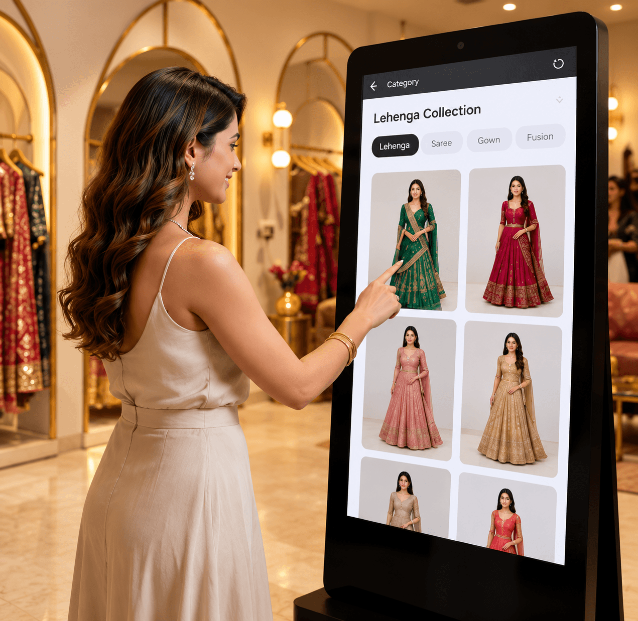 Customer browsing ethnic wear collection on the smart mirror touchscreen