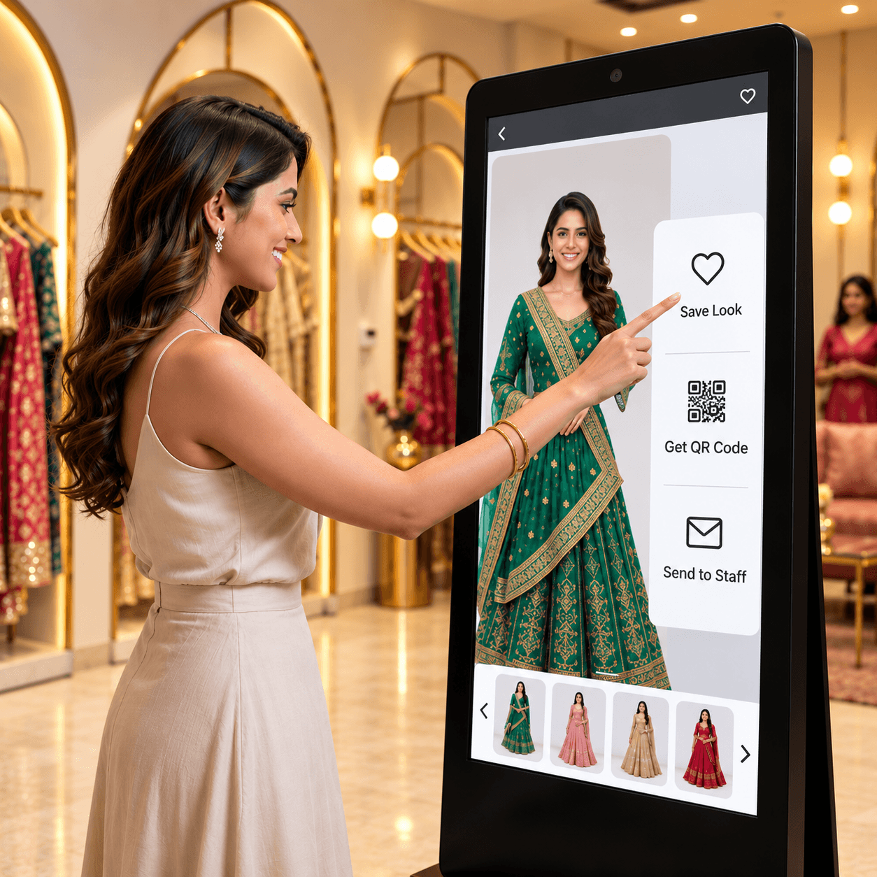 Store associate consulting with customer and presenting the selected garment